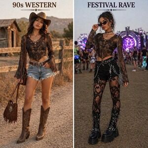 Romwe Mesh Fairy Grunge Butterfly Tie Front Top Sz S Goth Y2K Witchy Western